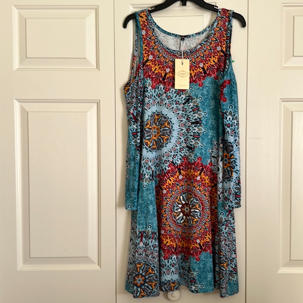 💖Hao Meili turquoise dress with red, yellow and grey geometric print